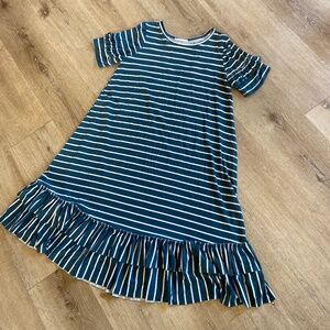 Dark turquoise and white striped A-line knit dress